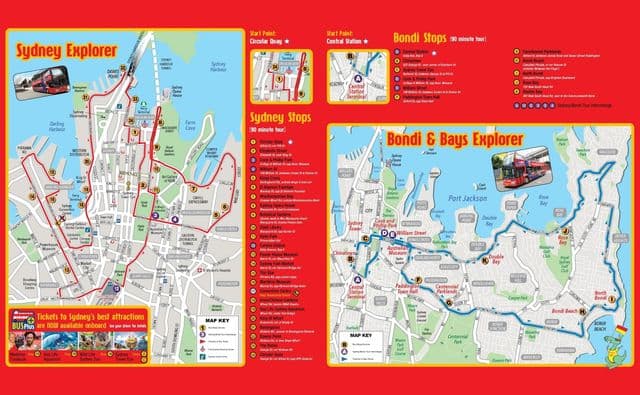Mapa de excursiones en autobús "Hop On Hop Off" de Sydney