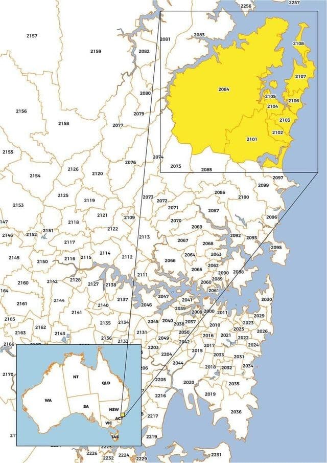 Mapa de códigos postales de Sydney