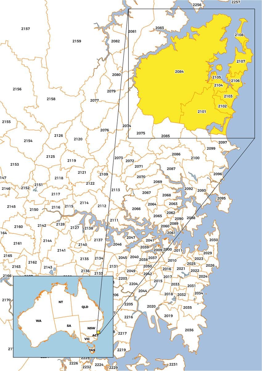 Mapa de códigos postales de Sydney