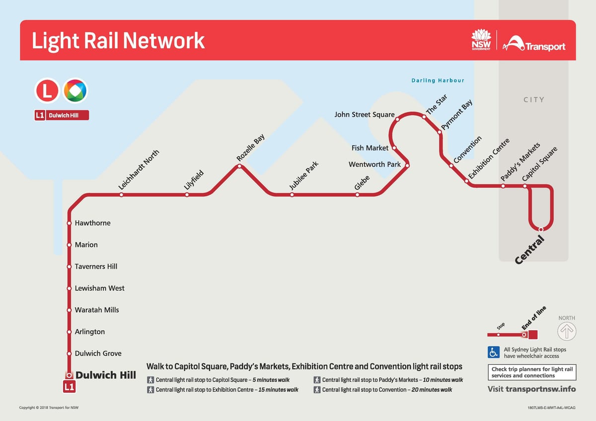 Mapa de las estaciones de tranvía de Sydney